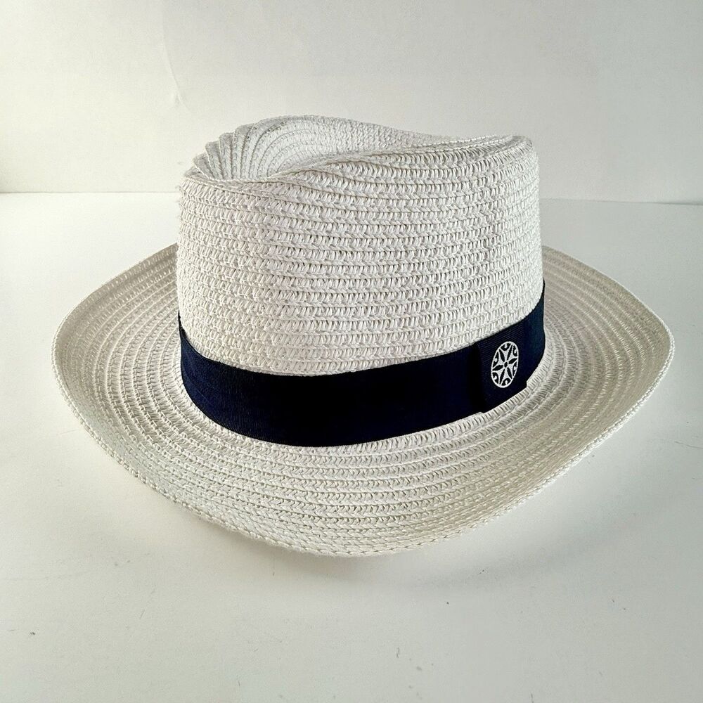 NICE & BELLA Unisex White w/Blue Band Med Brim Panama Woven Fedora Sun Hat
